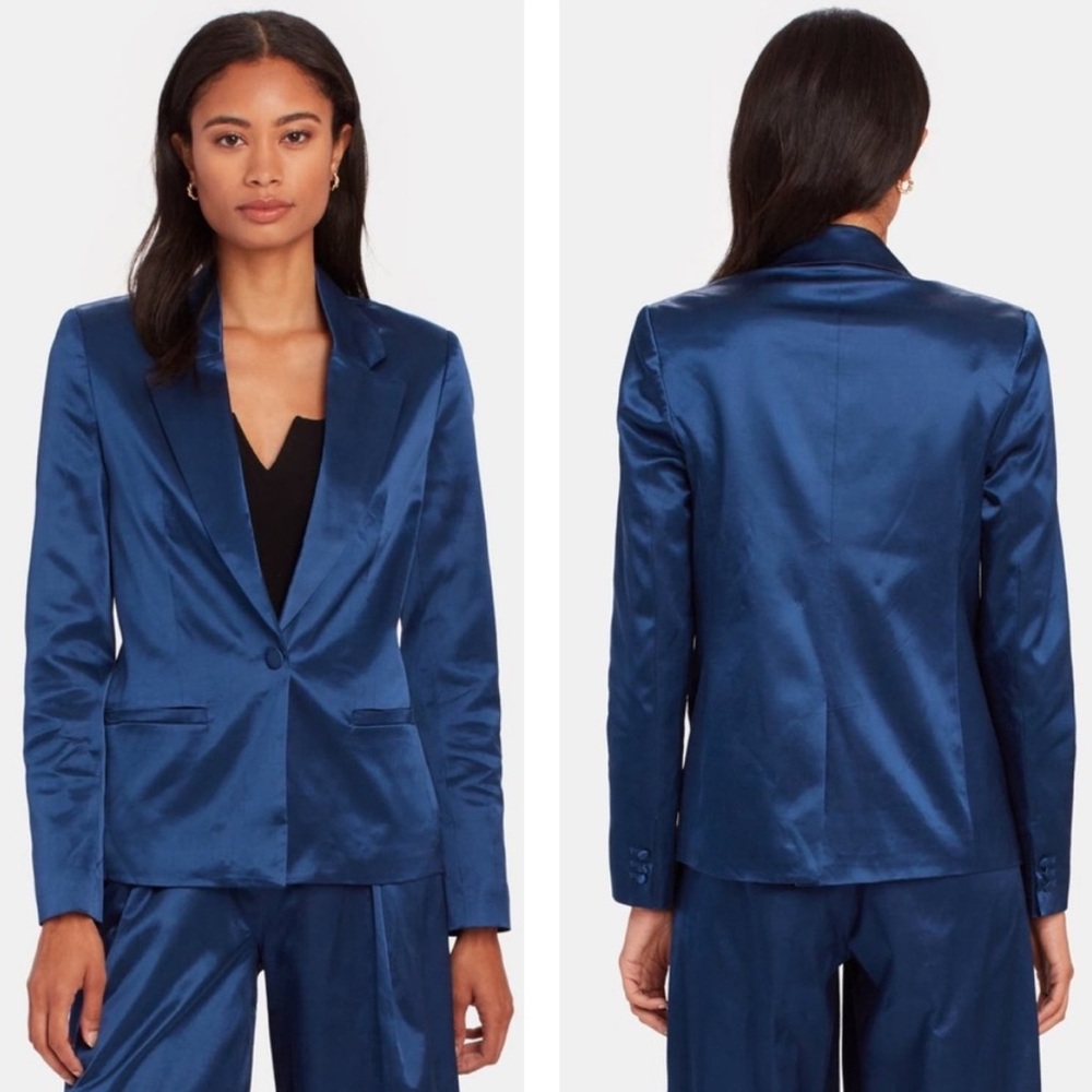 STAUD Shiny Royal Blue Satin Blazer